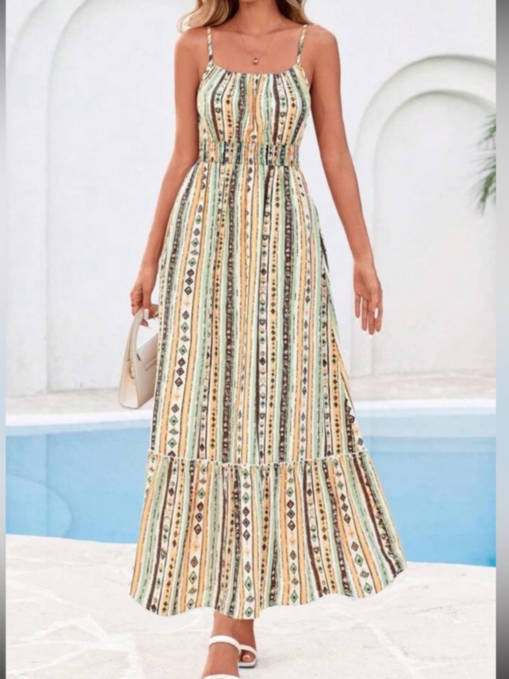 Scoop-Neck Geo Print Maxi Dress in Green and Yellow